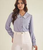 Lavender collared shirt with contrast embriodery