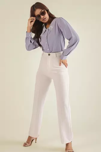 Lavender collared shirt with contrast embriodery