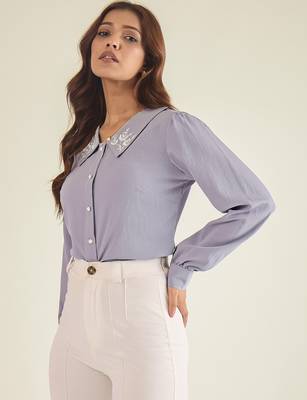 Lavender collared shirt with contrast embriodery 3