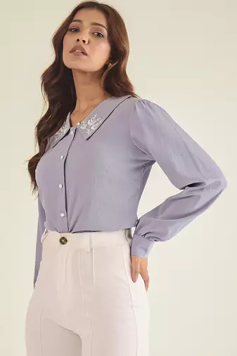 Lavender collared shirt with contrast embriodery