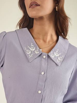 Lavender collared shirt with contrast embriodery 5