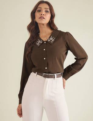 Brown collared shirt with contrast embriodery 1