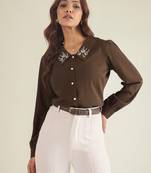 Brown collared shirt with contrast embriodery
