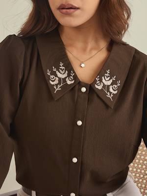 Brown collared shirt with contrast embriodery 4