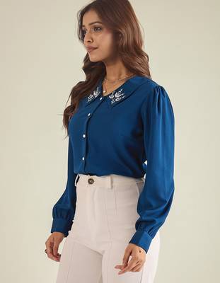 Blue collared shirt with contrast embriodery 3