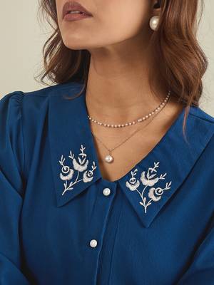 Blue collared shirt with contrast embriodery 5