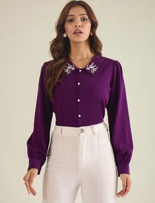 Purple collared shirt with contrast embriodery 1