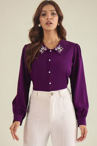 Purple collared shirt with contrast embriodery