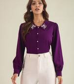 Purple collared shirt with contrast embriodery