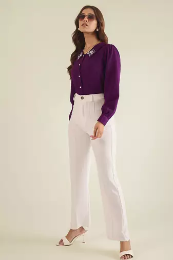 Purple collared shirt with contrast embriodery