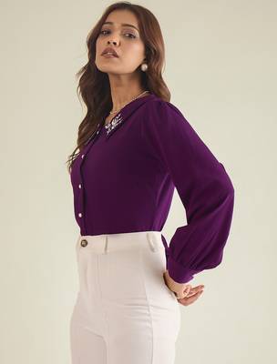 Purple collared shirt with contrast embriodery 3
