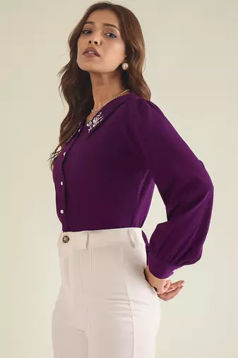 Purple collared shirt with contrast embriodery