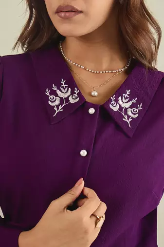 Purple collared shirt with contrast embriodery