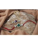 Set of 2 kundan and enamel rakhi and bracelet set for bhaiya bhabhi with roli chawal and written greeting note.