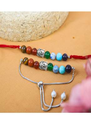 Healing 7 chakra beads and buddha charm unisex rakhi set for bhaiya bhabhi with roli chawal and written greeting note. 1
