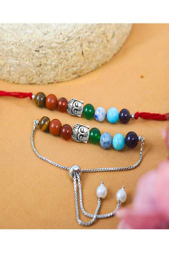 Healing 7 chakra beads and buddha charm unisex rakhi set for bhaiya bhabhi with roli chawal and written greeting note.