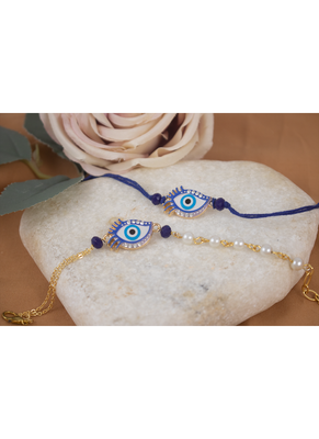 Handcrafted combo of couple pair evil eye protection rakhi for bhaiya bhabhi with roli chawal and written greeting note. 2