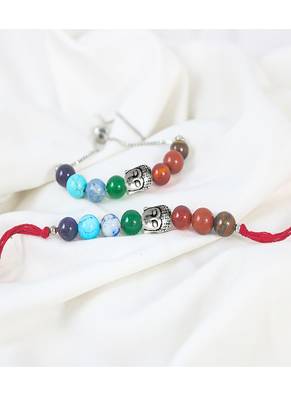 Healing 7 chakra beads and buddha charm unisex rakhi set for bhaiya bhabhi with roli chawal and written greeting note. 2