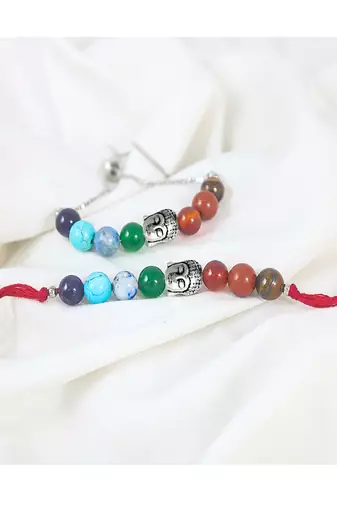 Healing 7 chakra beads and buddha charm unisex rakhi set for bhaiya bhabhi with roli chawal and written greeting note.