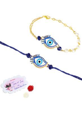 Handcrafted combo of couple pair evil eye protection rakhi for bhaiya bhabhi with roli chawal and written greeting note. 3