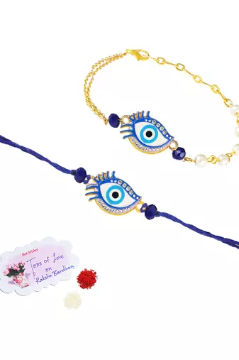 Handcrafted combo of couple pair evil eye protection rakhi for bhaiya bhabhi with roli chawal and written greeting note.