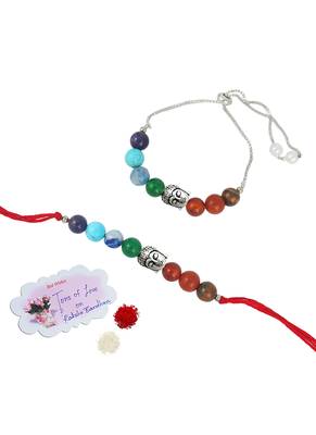 Healing 7 chakra beads and buddha charm unisex rakhi set for bhaiya bhabhi with roli chawal and written greeting note. 3