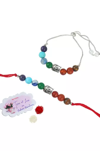 Healing 7 chakra beads and buddha charm unisex rakhi set for bhaiya bhabhi with roli chawal and written greeting note.