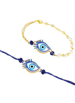 Handcrafted combo of couple pair evil eye protection rakhi for bhaiya bhabhi with roli chawal and written greeting note. 4