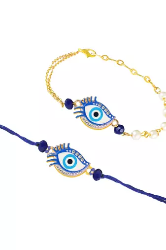 Handcrafted combo of couple pair evil eye protection rakhi for bhaiya bhabhi with roli chawal and written greeting note.