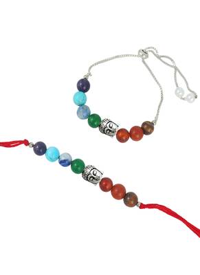 Healing 7 chakra beads and buddha charm unisex rakhi set for bhaiya bhabhi with roli chawal and written greeting note. 4