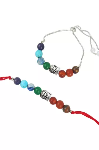 Healing 7 chakra beads and buddha charm unisex rakhi set for bhaiya bhabhi with roli chawal and written greeting note.