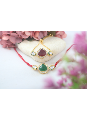 Set of 2 kundan and enamel rakhi and bracelet set for bhaiya bhabhi with roli chawal and written greeting note. 2