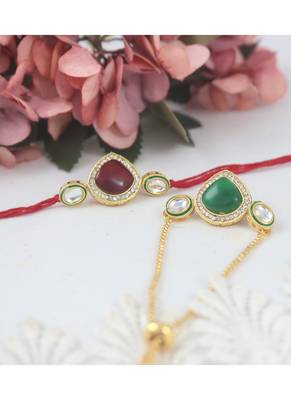 Set of 2  kundan and enamel rakhi and bracelet set for bhaiya bhabhi with roli chawal and written greeting note 1
