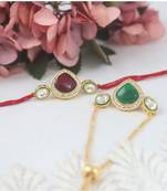 Set of 2  kundan and enamel rakhi and bracelet set for bhaiya bhabhi with roli chawal and written greeting note