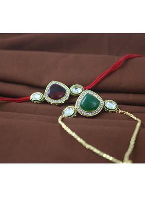 Set of 2  kundan and enamel rakhi and bracelet set for bhaiya bhabhi with roli chawal and written greeting note 2