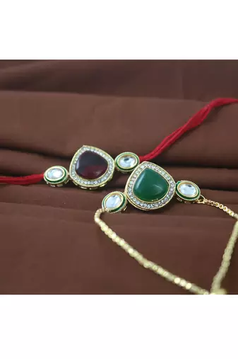 Set of 2  kundan and enamel rakhi and bracelet set for bhaiya bhabhi with roli chawal and written greeting note