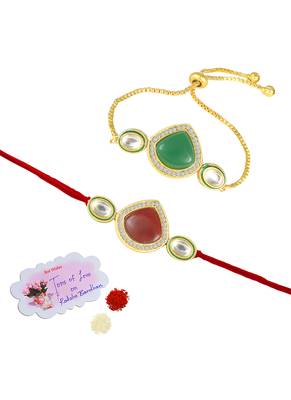 Set of 2  kundan and enamel rakhi and bracelet set for bhaiya bhabhi with roli chawal and written greeting note 3