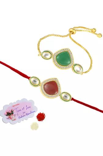 Set of 2  kundan and enamel rakhi and bracelet set for bhaiya bhabhi with roli chawal and written greeting note