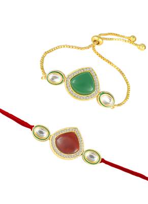 Set of 2  kundan and enamel rakhi and bracelet set for bhaiya bhabhi with roli chawal and written greeting note 4
