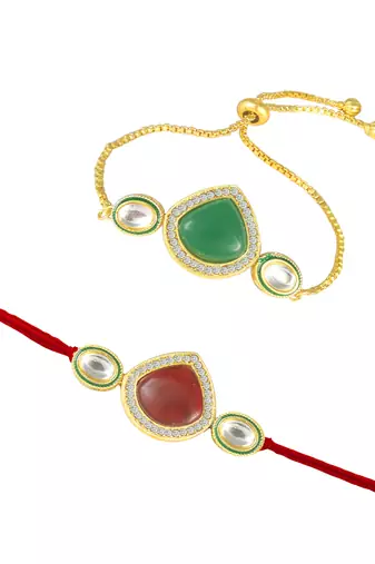 Set of 2  kundan and enamel rakhi and bracelet set for bhaiya bhabhi with roli chawal and written greeting note