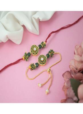 Handmade set of 2 green enamel and beaded unisex rakhi (lumba) for bhaiya bhabhi 1