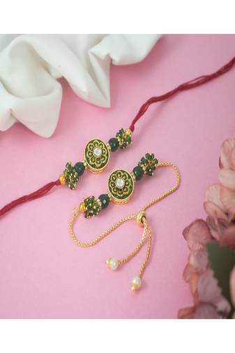 Handmade set of 2 green enamel and beaded unisex rakhi (lumba) for bhaiya bhabhi