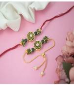 Handmade set of 2 green enamel and beaded unisex rakhi (lumba) for bhaiya bhabhi