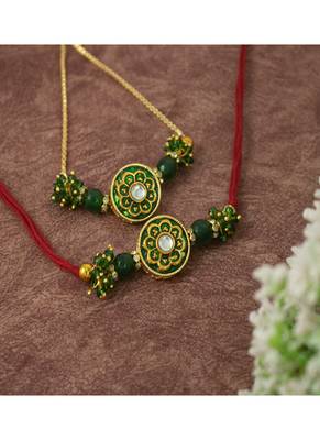 Handmade set of 2 green enamel and beaded unisex rakhi (lumba) for bhaiya bhabhi 2