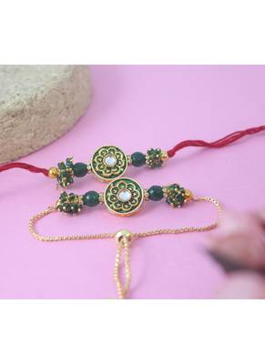 Handmade set of 2 green enamel and beaded unisex rakhi (lumba) for bhaiya bhabhi 3