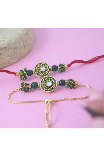 Handmade set of 2 green enamel and beaded unisex rakhi (lumba) for bhaiya bhabhi