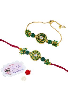 Handmade set of 2 green enamel and beaded unisex rakhi (lumba) for bhaiya bhabhi 4