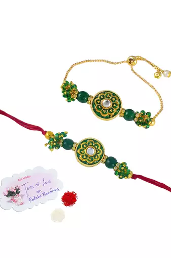 Handmade set of 2 green enamel and beaded unisex rakhi (lumba) for bhaiya bhabhi