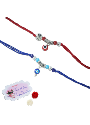 Combo of evil eye and smiley charm unisex rakhi for bhaiya bhabhi with roli chawal and written greeting note. 3