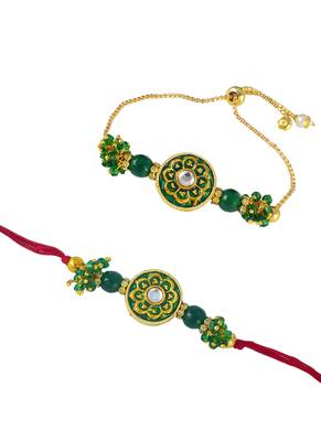 Handmade set of 2 green enamel and beaded unisex rakhi (lumba) for bhaiya bhabhi 5